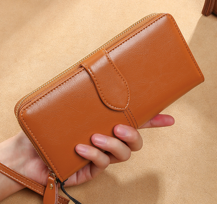 Waxed Cowhide Long Leather Zipper Wallet