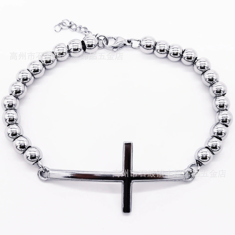 6mm Stainless Steel Beaded Bracelet with Cross Charm