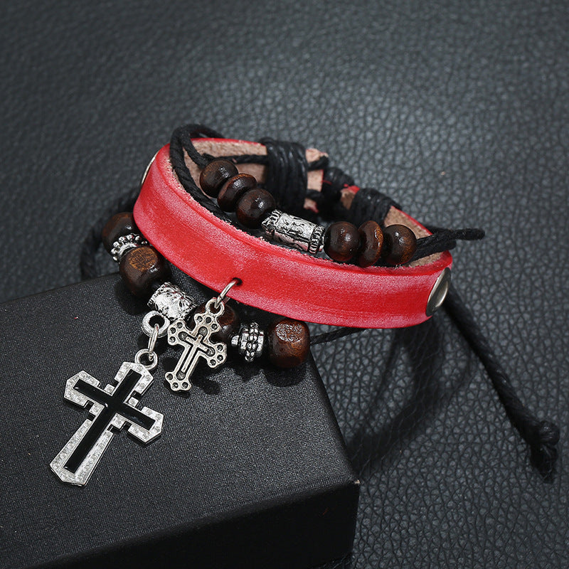 Leather Cross Bracelet with Beaded Design & Alloy Charm