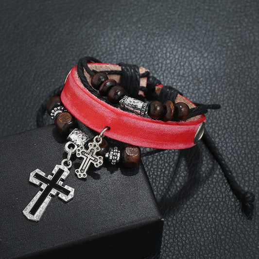 Leather Cross Bracelet with Beaded Design & Alloy Charm