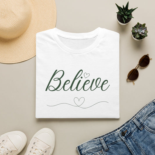 Women's Believe Graphic T-Shirt - Faith-Inspired Casual Top