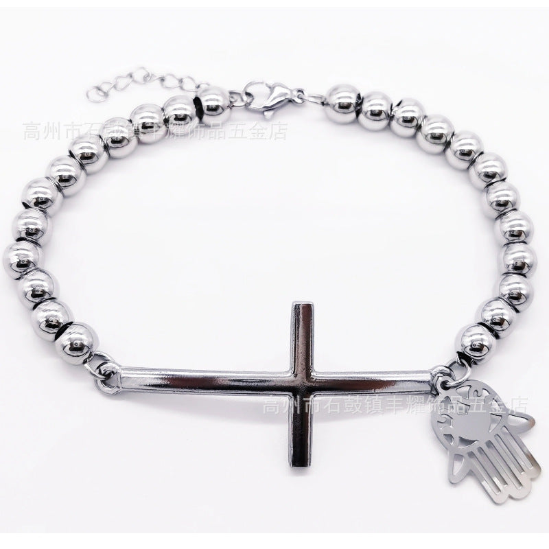 6mm Stainless Steel Beaded Bracelet with Cross Charm