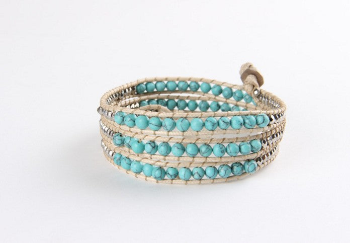 Handmade 4-Wrap Faux Leather Bracelet with Turquoise