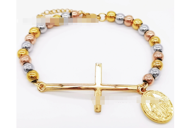 6mm Stainless Steel Beaded Bracelet with Cross Charm