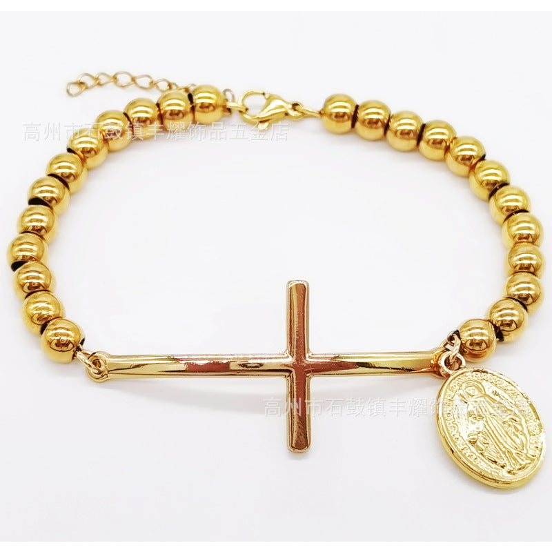 6mm Stainless Steel Beaded Bracelet with Cross Charm