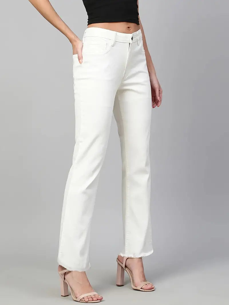 Women's High Waist Wide Leg Jeans – White Raw Hem