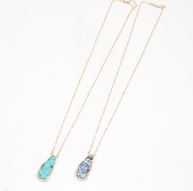 Elegant Long Necklace with Turquoise and Abalone Inlay