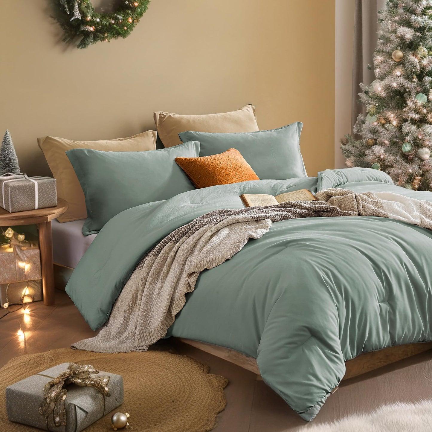 Boho King Comforter Set – 3 Piece Sage Green Vintage-Style Bedding Set