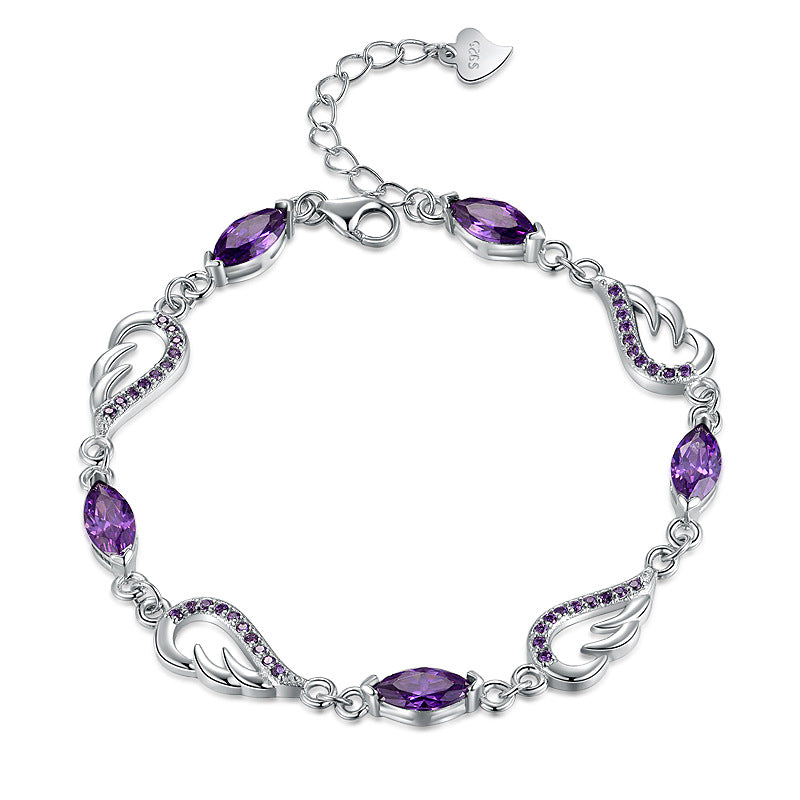 Sterling Silver Angel Wing Bracelet — Purple Crystal Accent