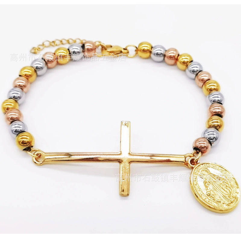 6mm Stainless Steel Beaded Bracelet with Cross Charm