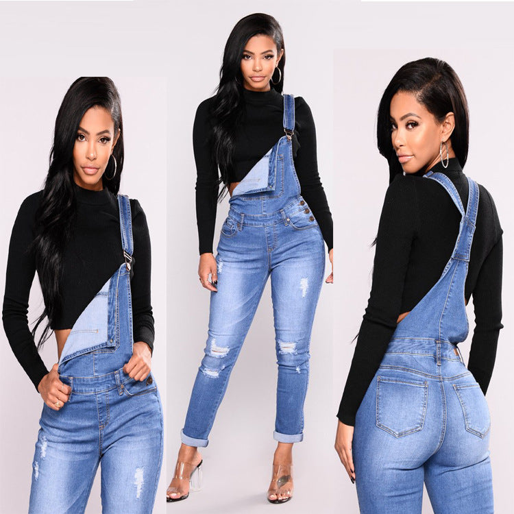 Women's Ripped Jeans with Suspenders