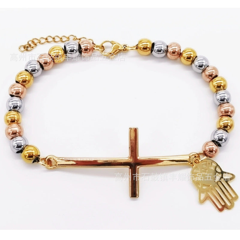 6mm Stainless Steel Beaded Bracelet with Cross Charm