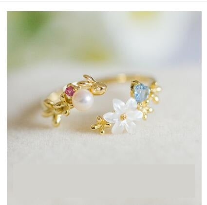 Flower Zircon Shell 925 Silver Open Ring