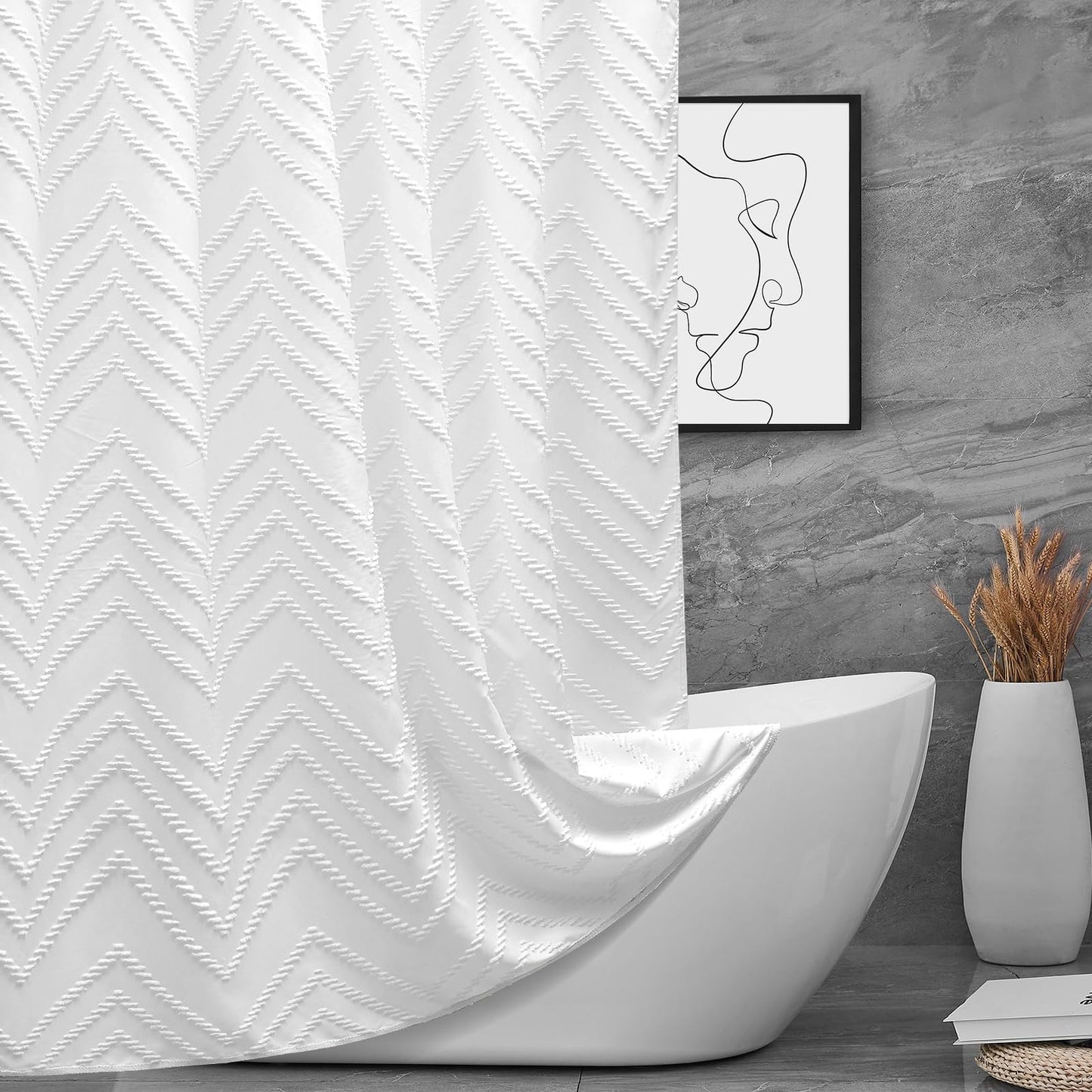 Extra Long Shower Curtain 72x96 – White Tufted Chevron Fabric with Hooks