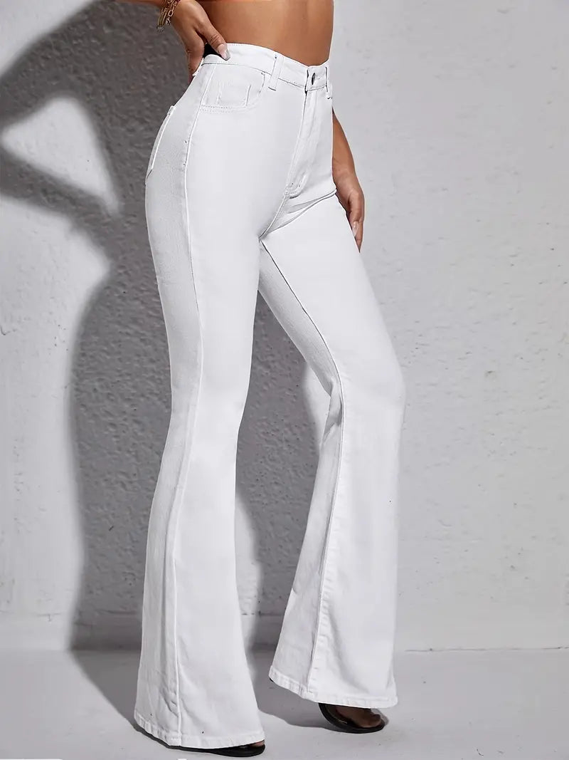 Women's White High Waist Flare Jeans with Pockets