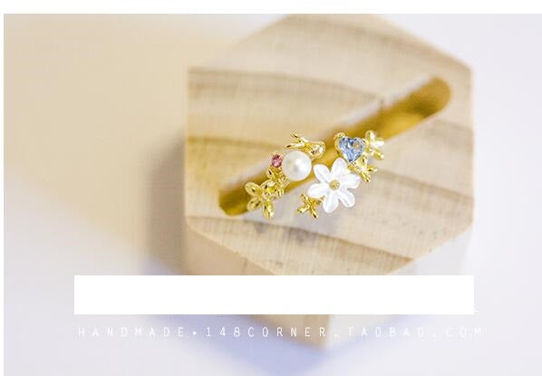 Flower Zircon Shell 925 Silver Open Ring
