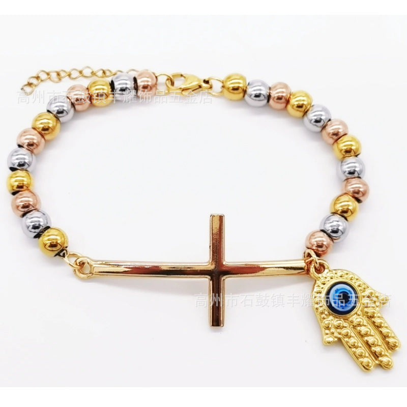 6mm Stainless Steel Beaded Bracelet with Cross Charm