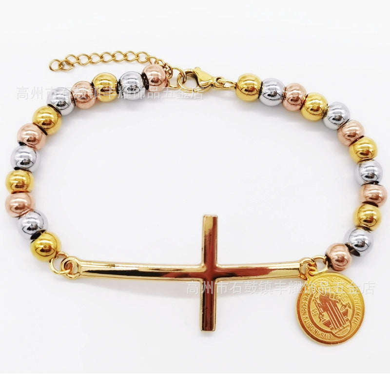 6mm Stainless Steel Beaded Bracelet with Cross Charm