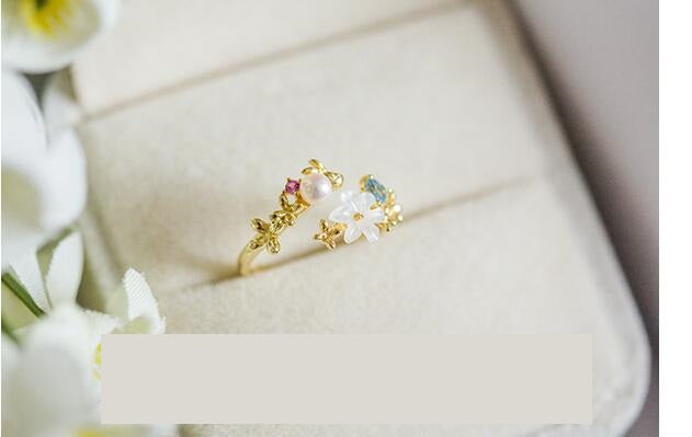 Flower Zircon Shell 925 Silver Open Ring