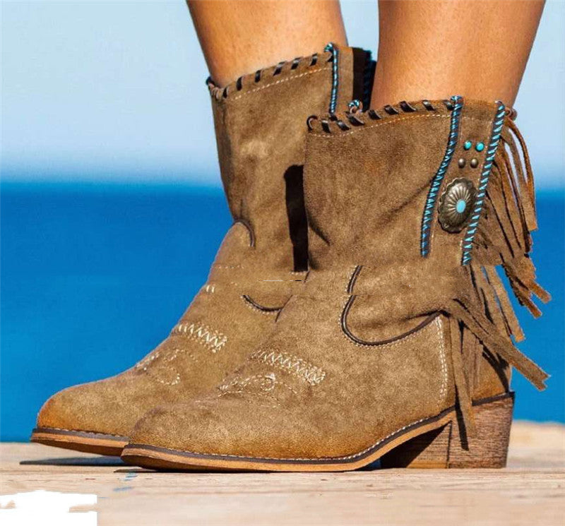 Women's Martin Boots with Thick Heels and Tassels