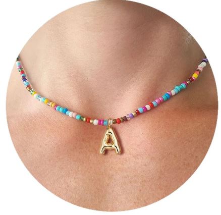 Trendy Colorful Bead Necklace with Initial Letter Pendant – 18K Gold Plated