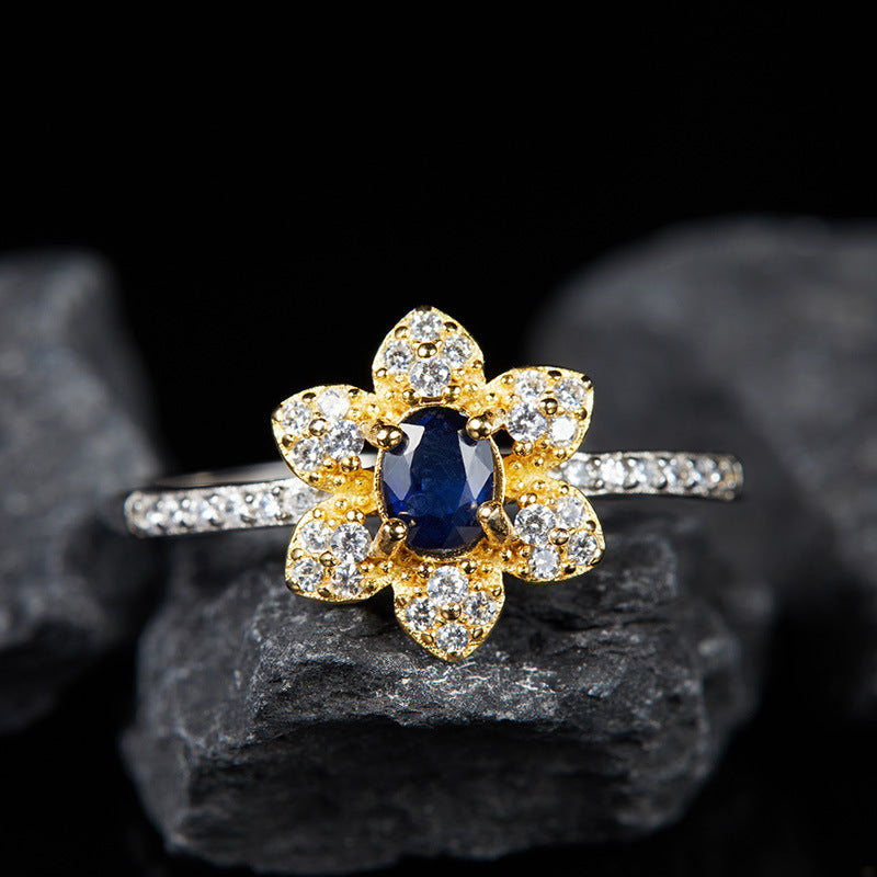 S925 Sterling Silver Ring – Natural Sapphire Floral Design