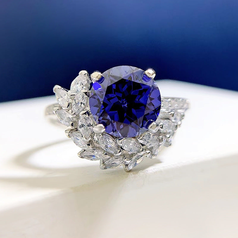 S925 Silver Round Rhinestone Ring – Navy & Sapphire Blue