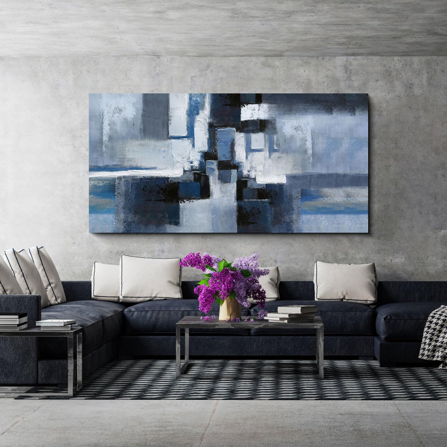 KLAKLA Abstracr Wall Art - Blue and Black Canvas Picture for Living Room Wall Decor - Bedroom Art Framed Artwork - 20x40 Inches Modern Wall Art