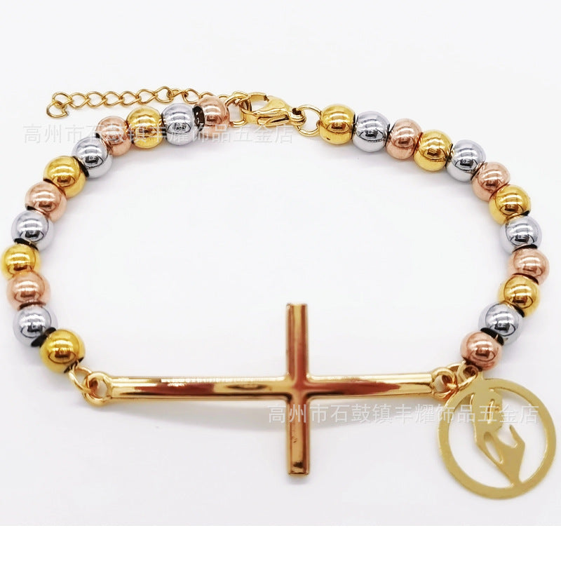 6mm Stainless Steel Beaded Bracelet with Cross Charm