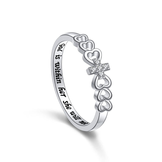 S925 Sterling Silver Cross Heart Ring – Bible Verse-Size 11