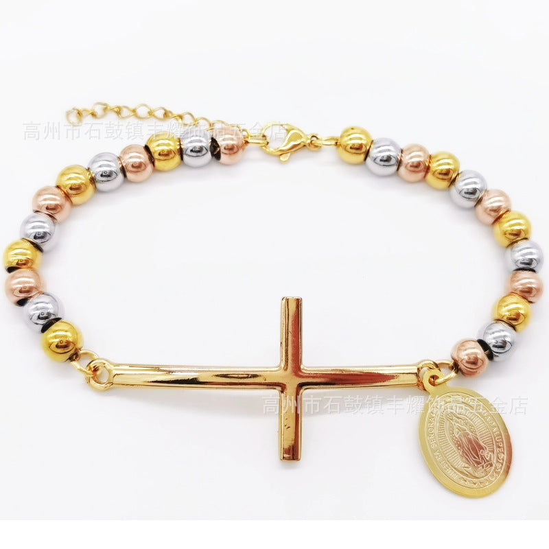 6mm Stainless Steel Beaded Bracelet with Cross Charm