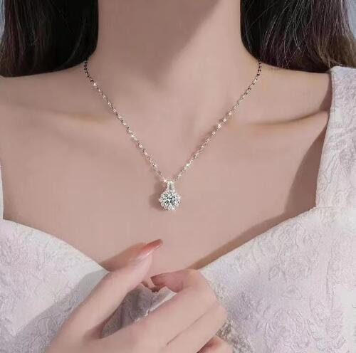 Moissanite S925 Sterling Silver Sunflower Pendant Necklace worn on model