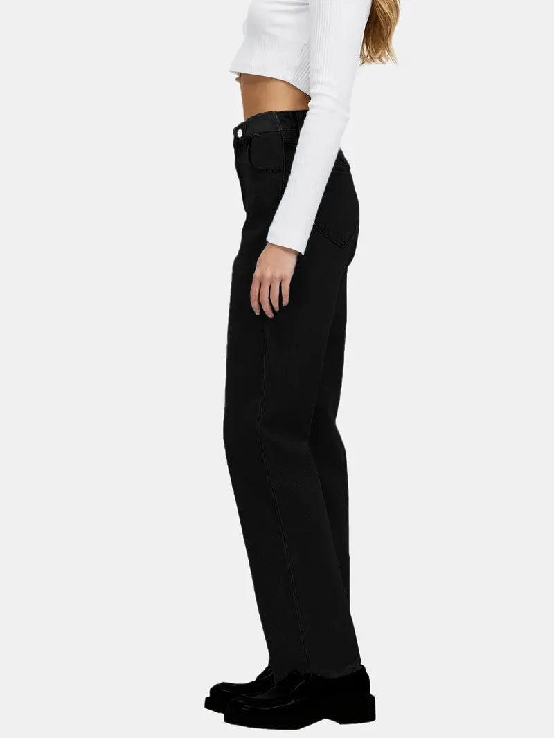 Black Raw Hem High Waist Loose Fit Denim Jeans