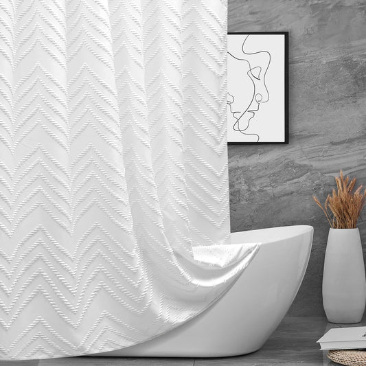 Extra Long Shower Curtain 72x96 – White Tufted Chevron Fabric with Hooks