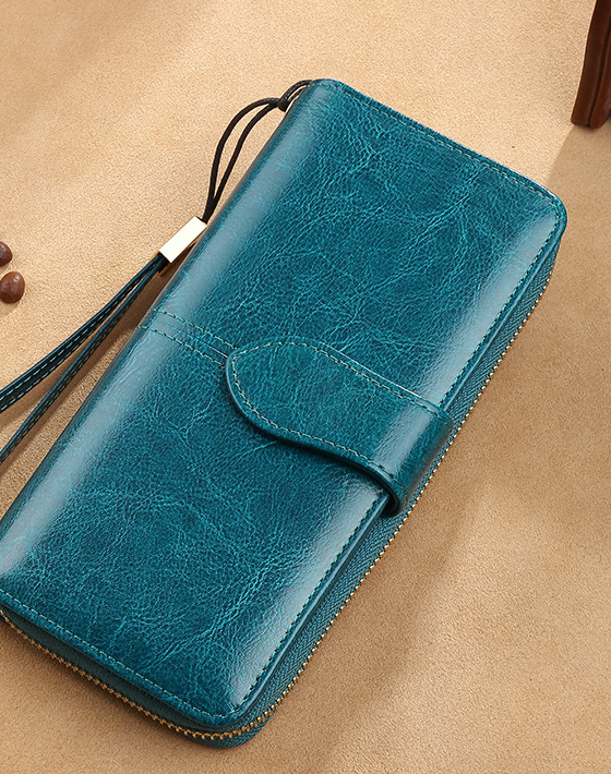 Waxed Cowhide Long Leather Zipper Wallet