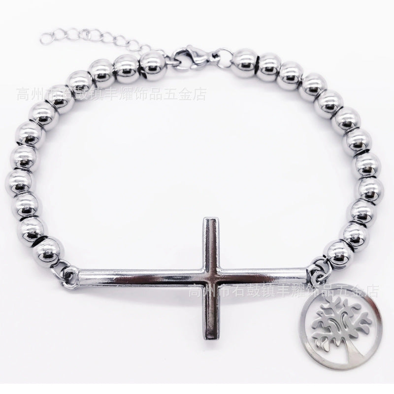 6mm Stainless Steel Beaded Bracelet with Cross Charm