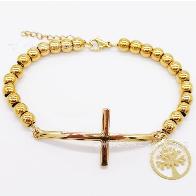 6mm Stainless Steel Beaded Bracelet with Cross Charm
