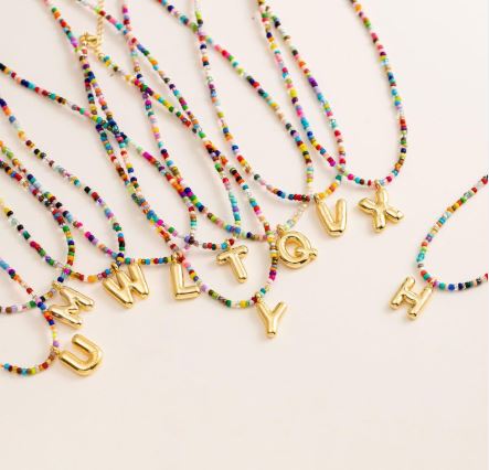 Trendy Colorful Bead Necklace with Initial Letter Pendant – 18K Gold Plated