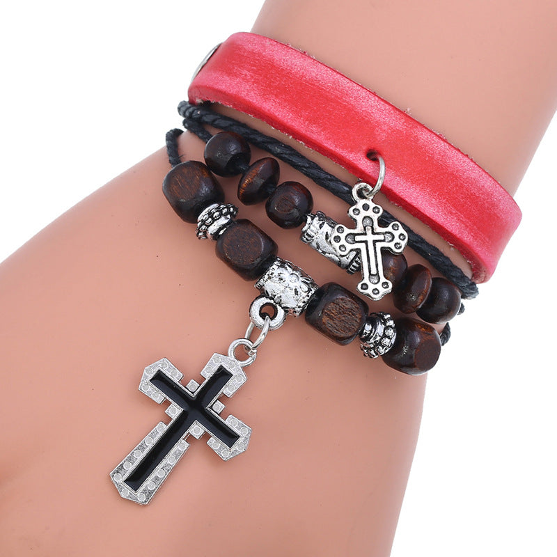 Leather Cross Bracelet with Beaded Design & Alloy Charm