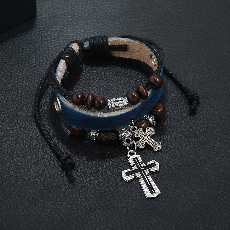 Leather Cross Bracelet with Beaded Design & Alloy Charm