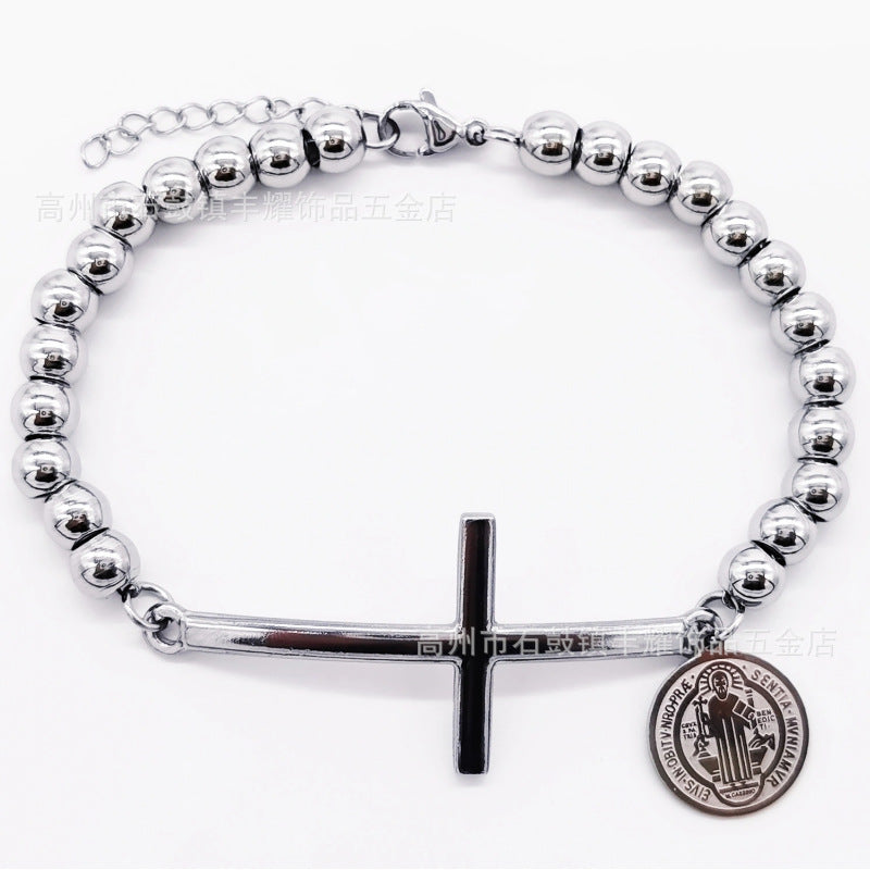 6mm Stainless Steel Beaded Bracelet with Cross Charm