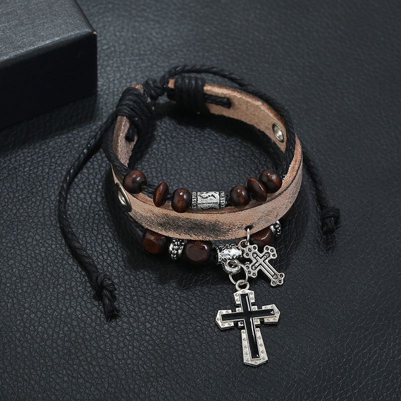 Leather Cross Bracelet with Beaded Design & Alloy Charm