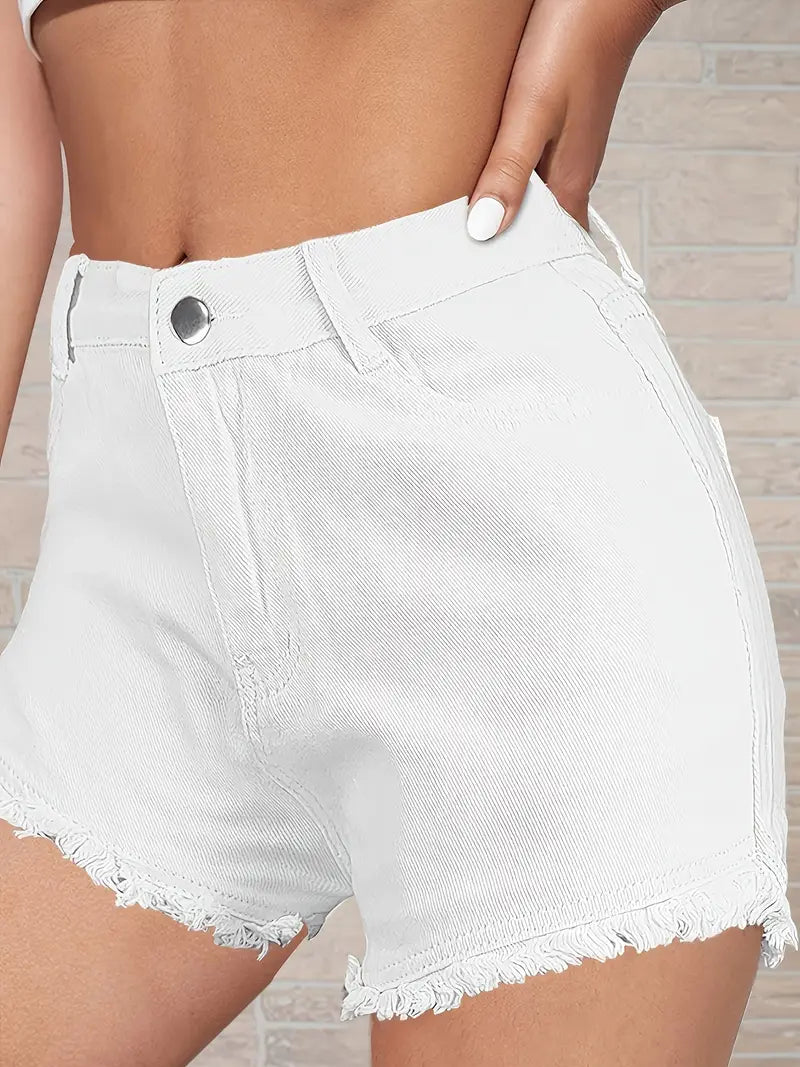 High Rise Raw Hem White Denim Shorts with Ripped Detail