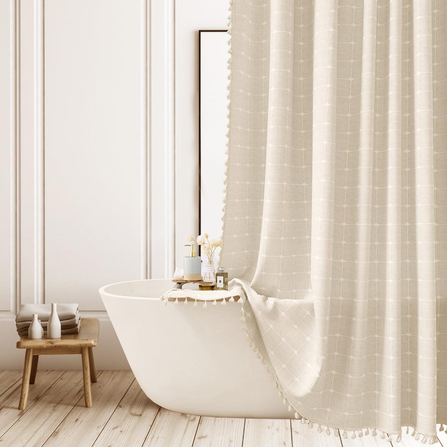 Boho Beige Striped Shower Curtain with Tassels – 72x72 Inch