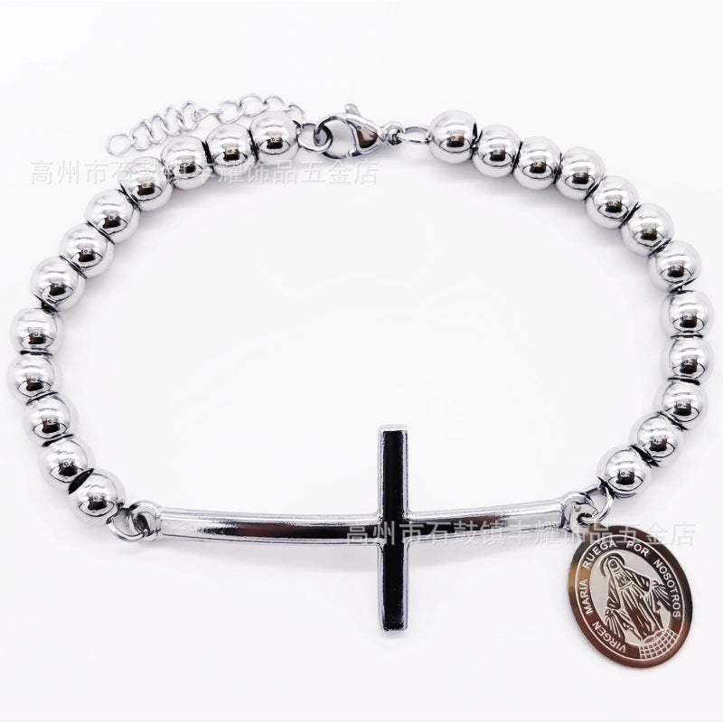 6mm Stainless Steel Beaded Bracelet with Cross Charm