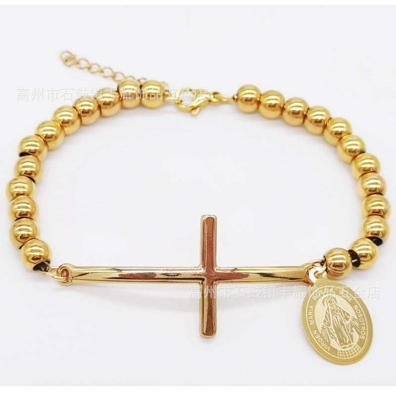 6mm Stainless Steel Beaded Bracelet with Cross Charm