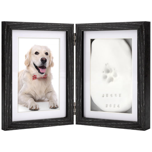 Dog & Cat Memorial Paw Print Frame Kit – DIY Keepsake with Clay & 4"x6" Photo Frame, Black