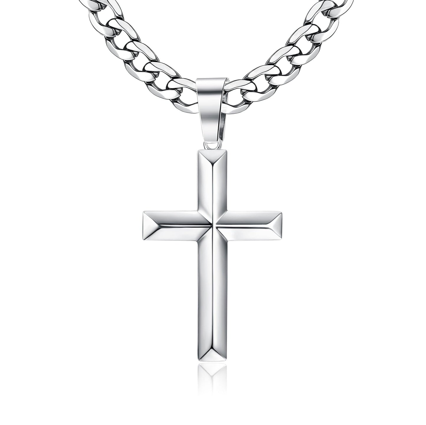 925 Sterling Silver Cross Pendant Necklace – Diamond-Cut Cuban Link Chain, 30 Inches