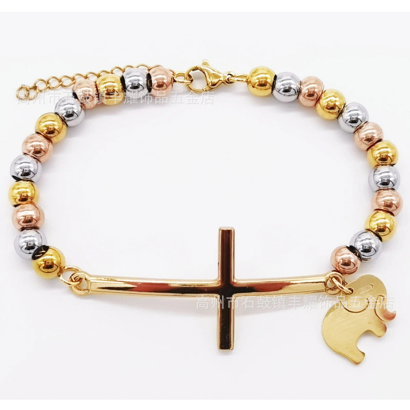 6mm Stainless Steel Beaded Bracelet with Cross Charm