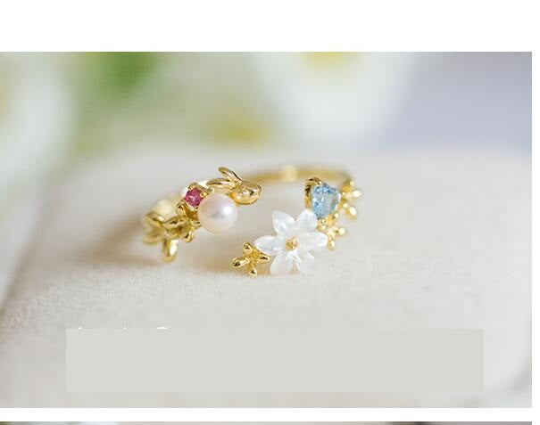 Flower Zircon Shell 925 Silver Open Ring